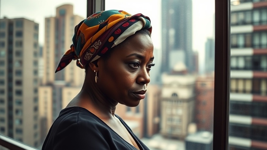 A pensive Black woman with a colorful scarf, embracing vulnerability and softness in urban reflection.