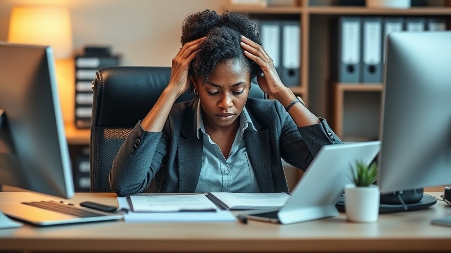 Exhausted Black woman at work, showing signs of chronic fatigue and poor sleep hygiene.