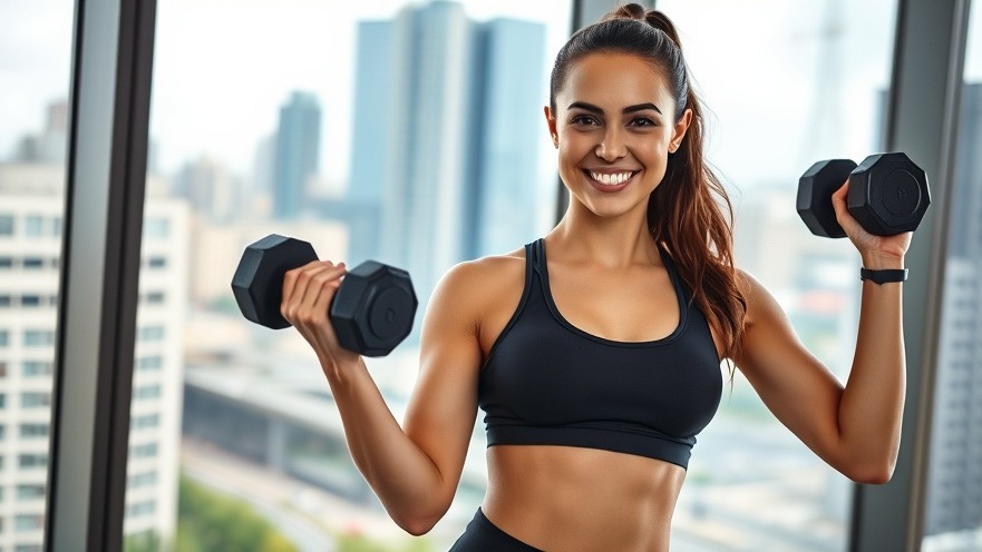 Athletic woman holding a dumbbell, showcasing strength training benefits in a vibrant city.