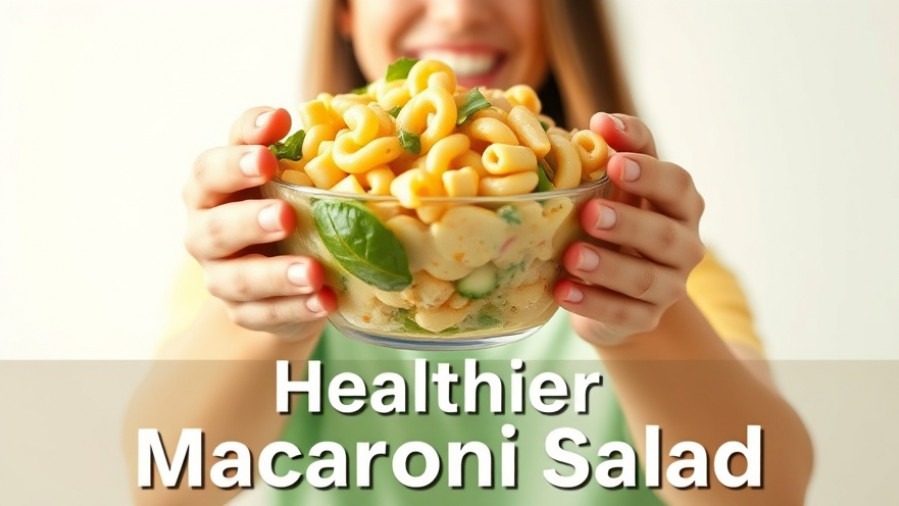 Young woman joyfully presents a healthy macaroni salad, embodying wholesome summer meals.