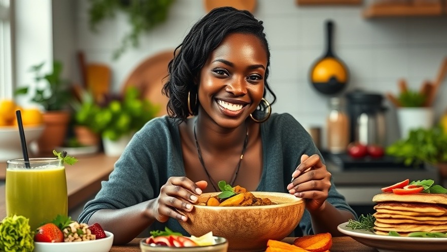 Smiling Black woman enjoying plant-based curry with colorful gluten-free recipes.
