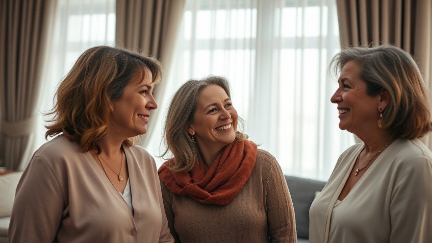 Three confident middle-aged women in a supportive community, sharing self-care tips for emotional well-being.