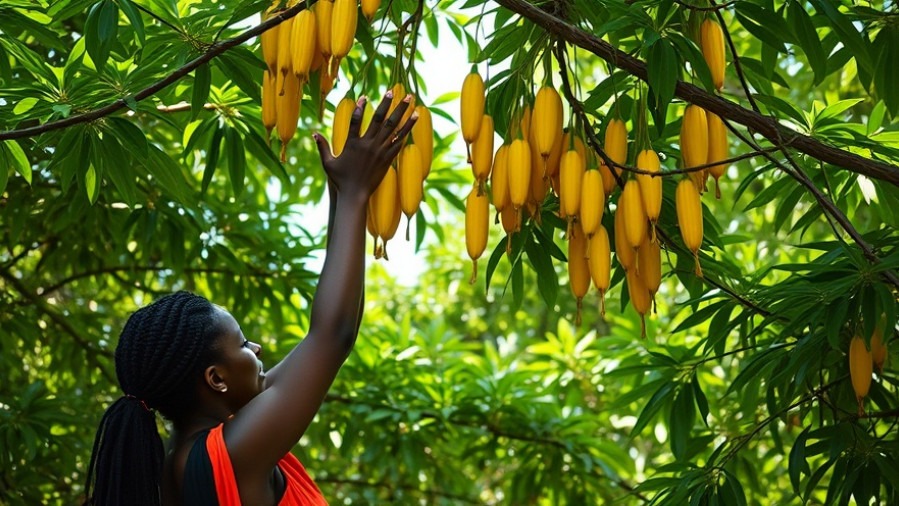 Two Black women foraging wild edibles, reaching for yellow pods in lush green foliage.