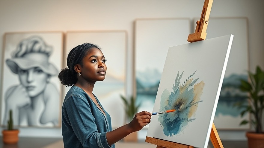 Young Black woman practicing creativity daily while painting in a calm, minimalist space.
