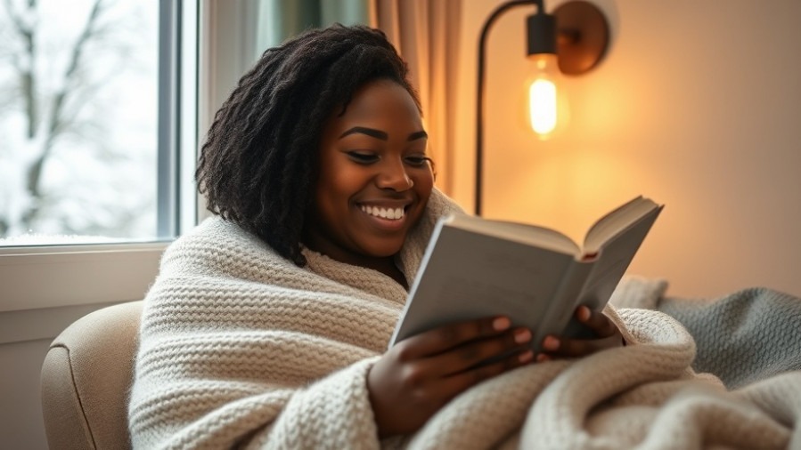 Young Black woman smiling while reading recommended books for relaxation by a snowy window.