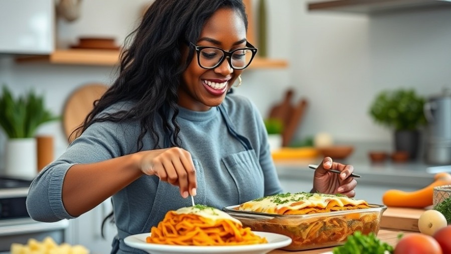 Black female cook showcasing butternut squash lasagna for clean eating.