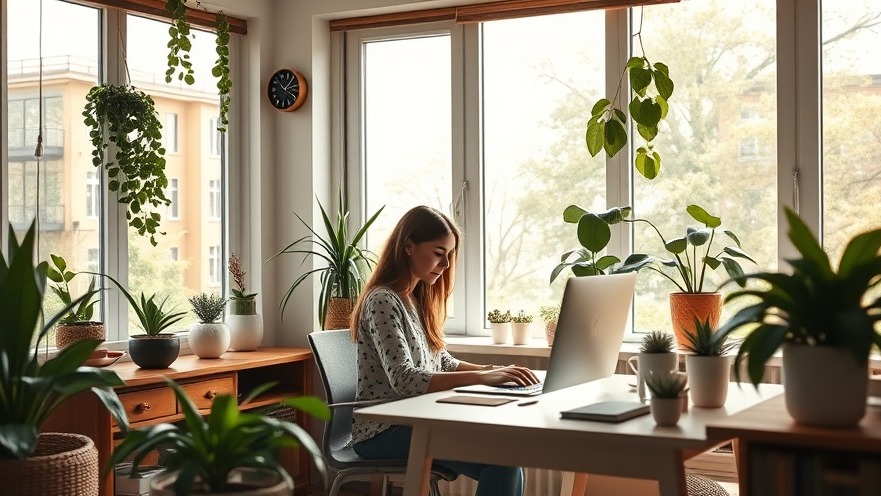 Serene home office with woman practicing autumn rituals for productivity boosts.