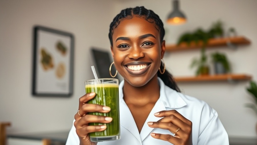 Professional Black woman promoting liver health with green detox juice in bright indoor setting.