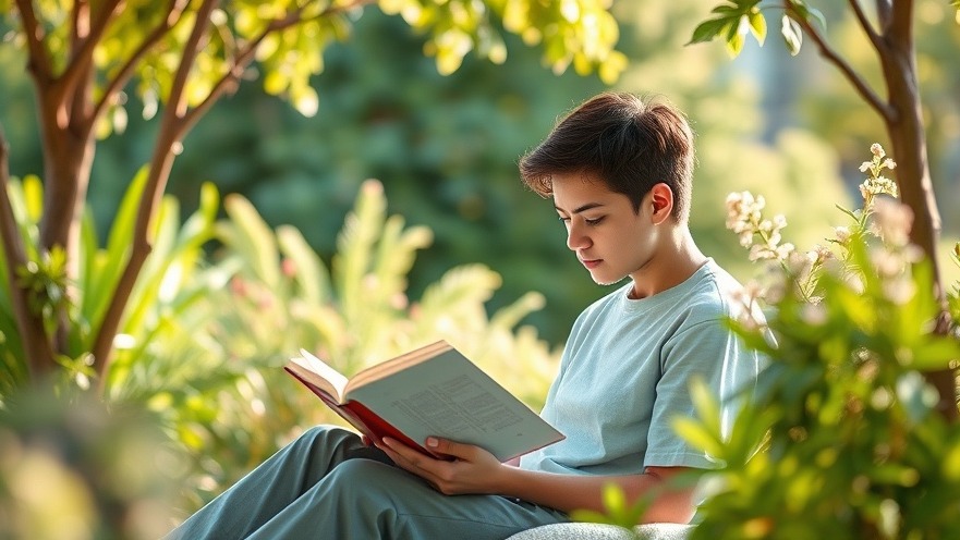 Peaceful scene promoting mental health techniques with a person reading outdoors.