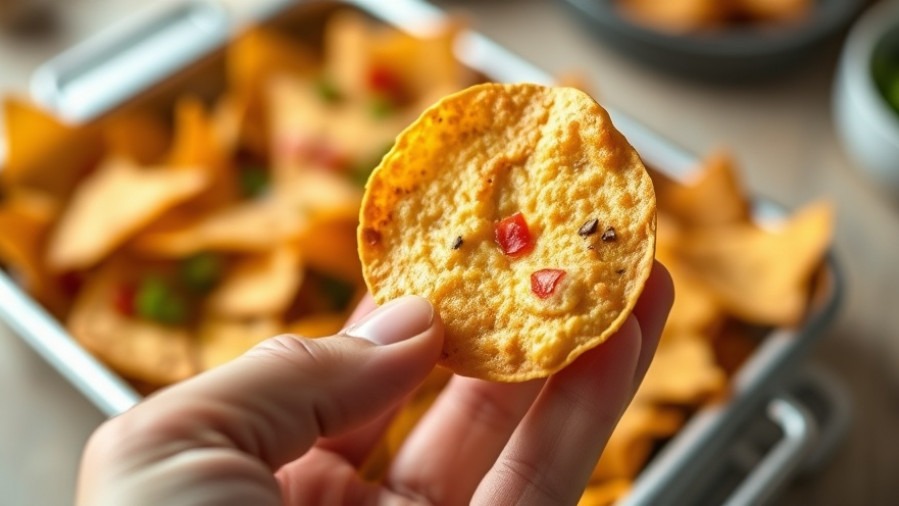 Close-up of a person holding a crispy nacho, perfect for homemade nachos and easy nacho toppings.