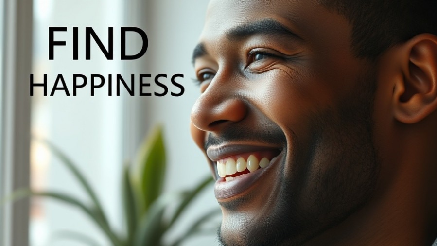 Smiling man in soft light with indoor plants, promoting emotional mastery and joy.