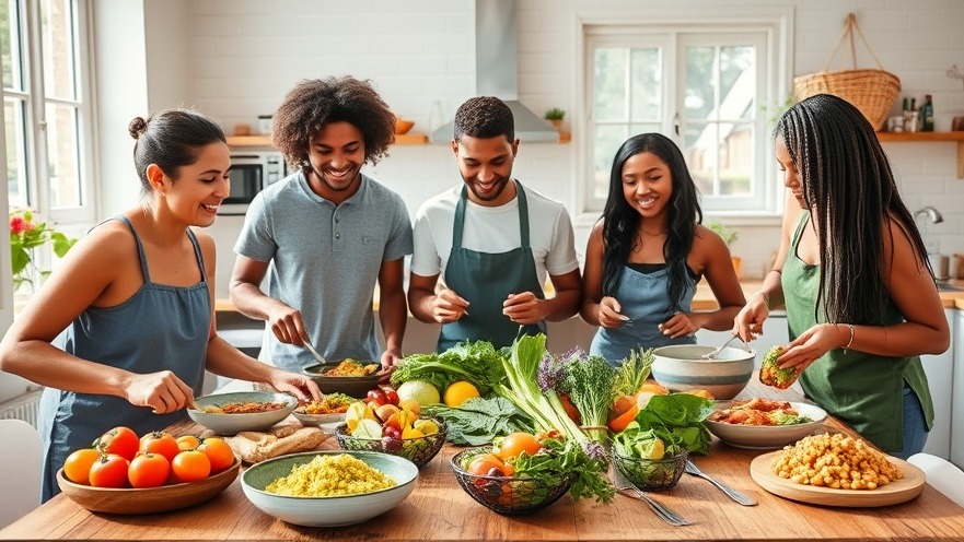 Joyful people preparing delicious vegan meals in a sunlit kitchen, showcasing vibrant colors.