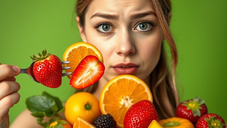 Young woman examines raw food benefits, holding fresh strawberries and oranges amidst vibrant fruits.