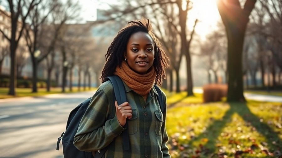 Young African American woman walking with a weighted backpack in a serene urban park, promoting fitness and mental health.