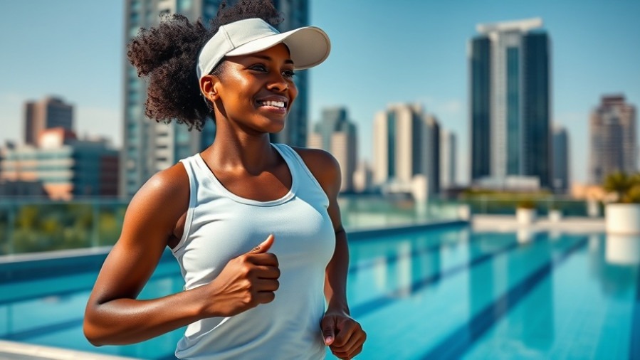 Athletic Black woman jogging poolside, embodying fitness after 50 with energetic movement.