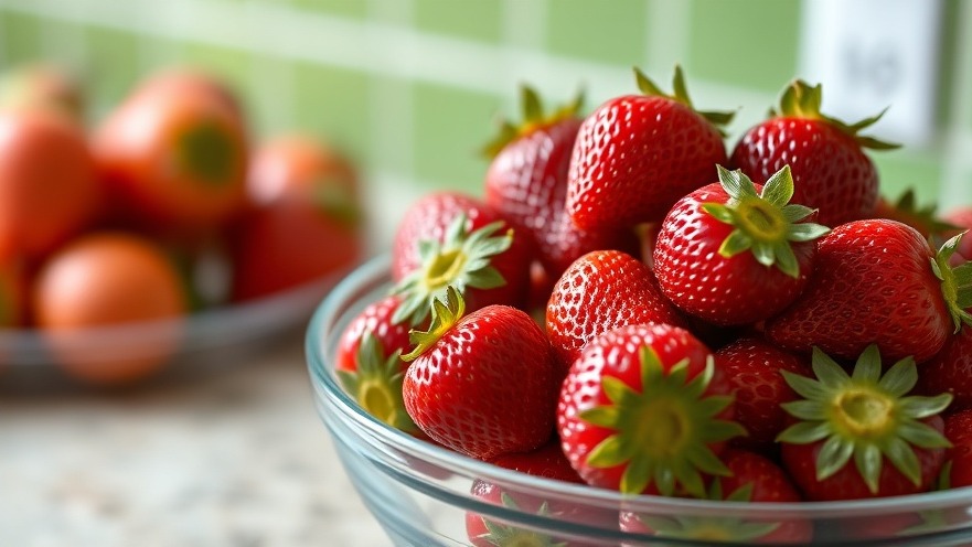 Fresh juicy strawberries in a glass bowl on a kitchen counter with a green background.