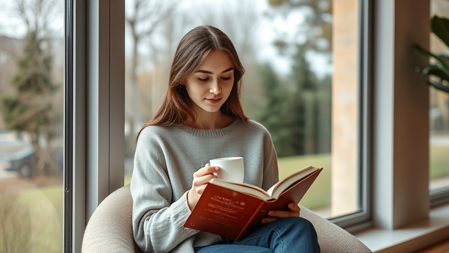 Young woman enjoying fiction recommendations with coffee, serene nature view.