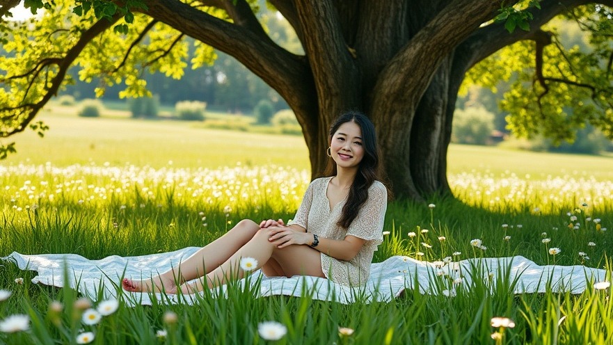 Young woman enjoying nature therapy benefits under a tree with daisies.