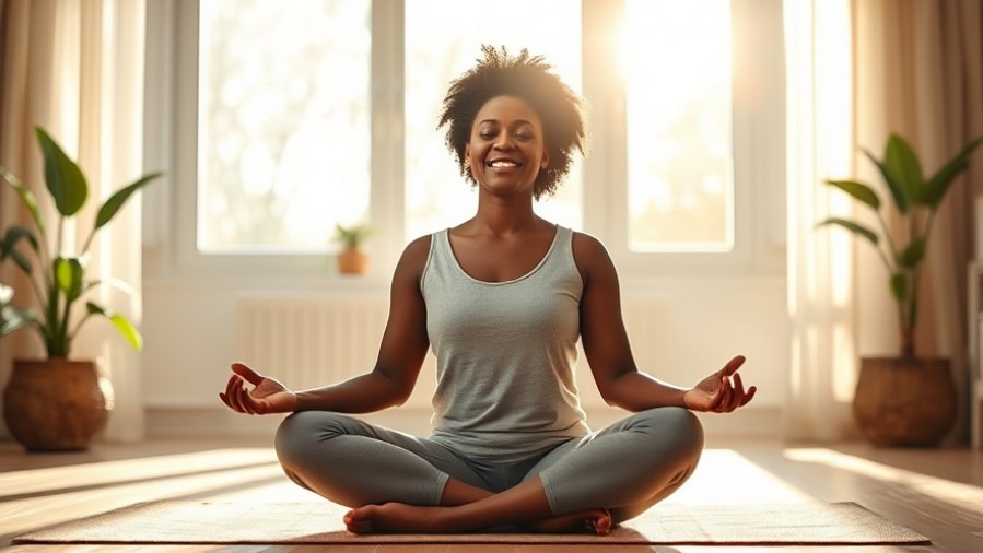 A 45ish Black woman in peaceful meditation, embracing spiritual healing at home.