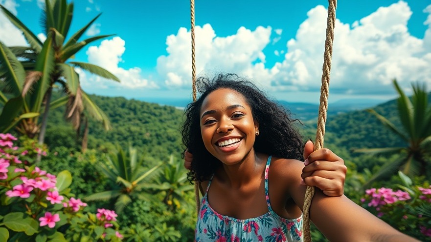 Joyful young Black woman swinging in a lush tropical landscape, embodying sustaining retreat energy.