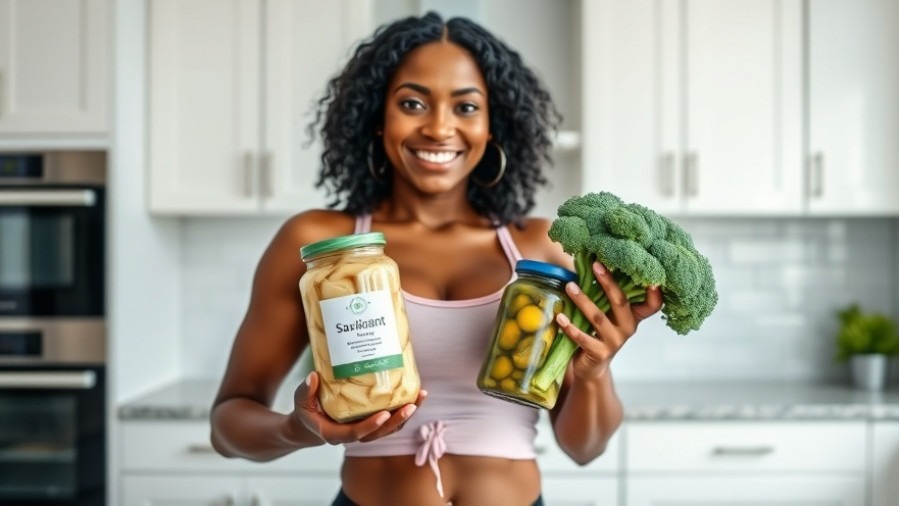 Athletic Black woman showcasing healthy nutrition with sauerkraut, pickles, and broccoli.