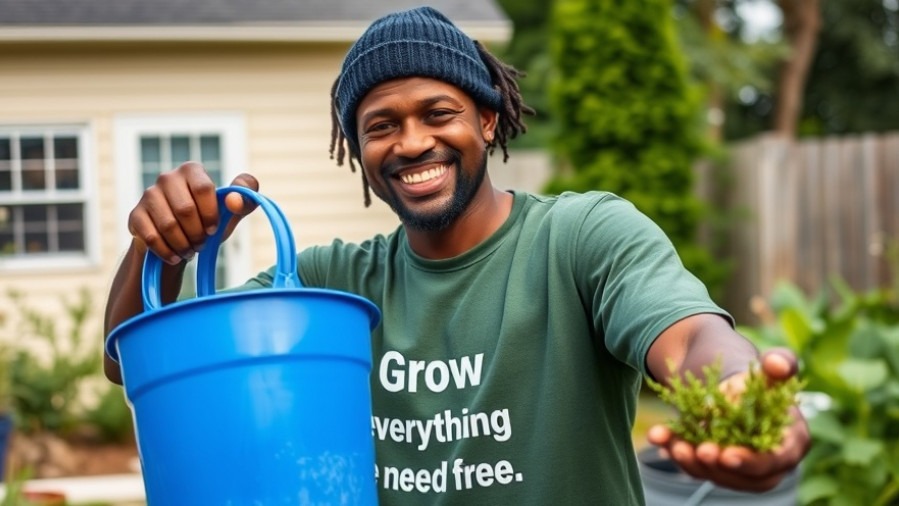 Smiling Black man embracing mindfulness and simplicity in a lush backyard scene.