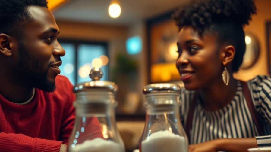 A Black couple discussing healthy eating, focusing on sodium effects with a salt shaker.