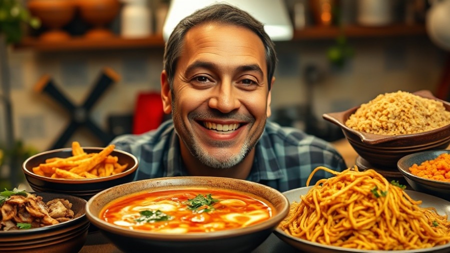 Man enjoying comfort food in a cozy kitchen, featuring plant-based recipes.
