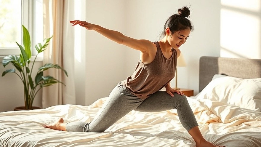 Active Asian woman stretching in cozy bedroom, showcasing fitness at 39 and benefits of movement.