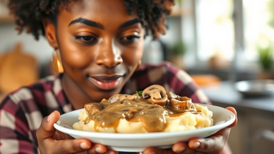 Young woman enjoying mushroom gravy, exploring health benefits of mushrooms.