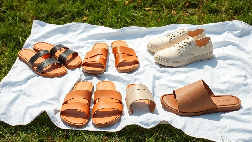 Stylish summer footwear trends featuring flip flops, sneakers, and mules on a blanket.