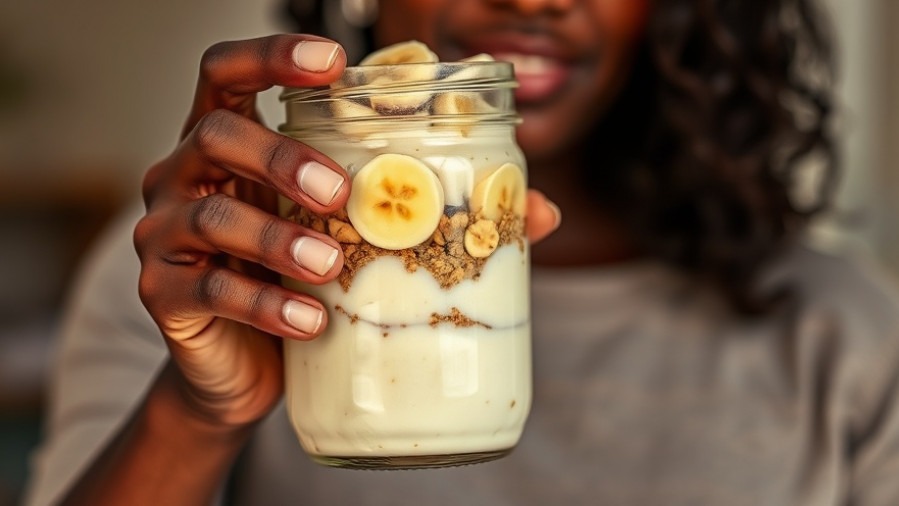 Close-up of a Black woman holding a jar of dairy-free banana pudding, perfect for plant-based dessert recipes.