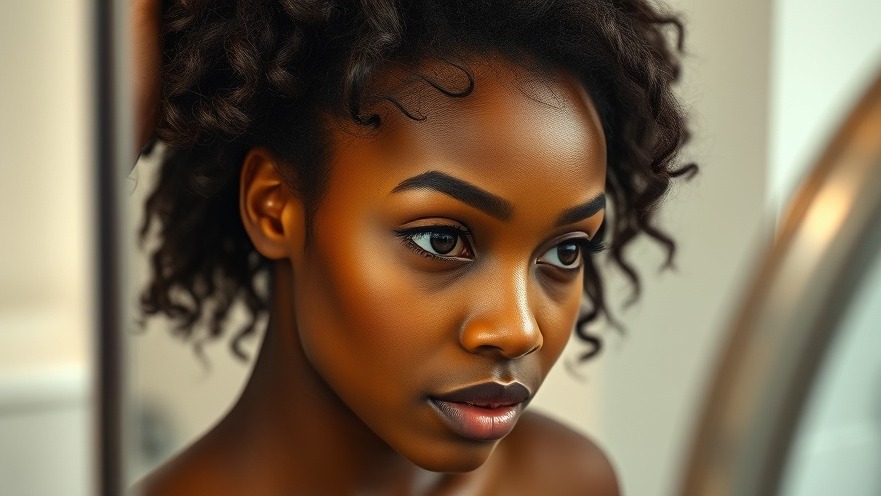 Young Black woman reflecting on stress and hair loss in a softly lit bathroom.