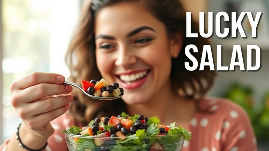 Cheerful woman enjoying a vibrant black-eyed pea salad. Quick healthy meals.