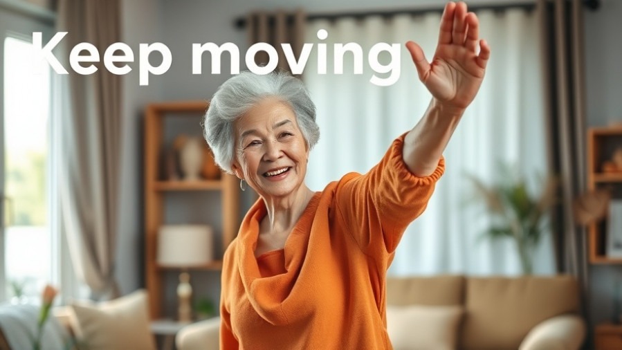 Joyful elderly Asian woman stretching at home, promoting active aging and health for seniors.