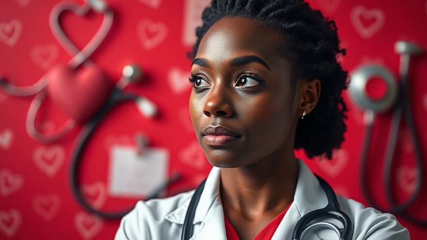 Thoughtful Black female medical professional offering heart health advice with vibrant details.