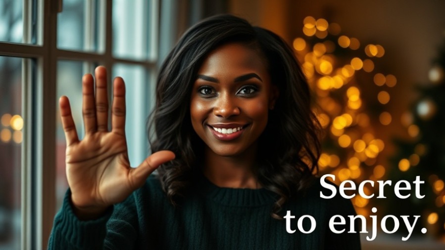 Confident Black woman gesturing to pause, embodying holiday self-care strategies amidst festive ambiance.