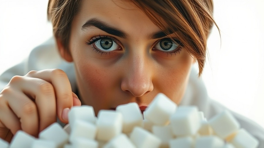 Close-up of a young adult craving sugar cubes, highlighting sugar health risks.