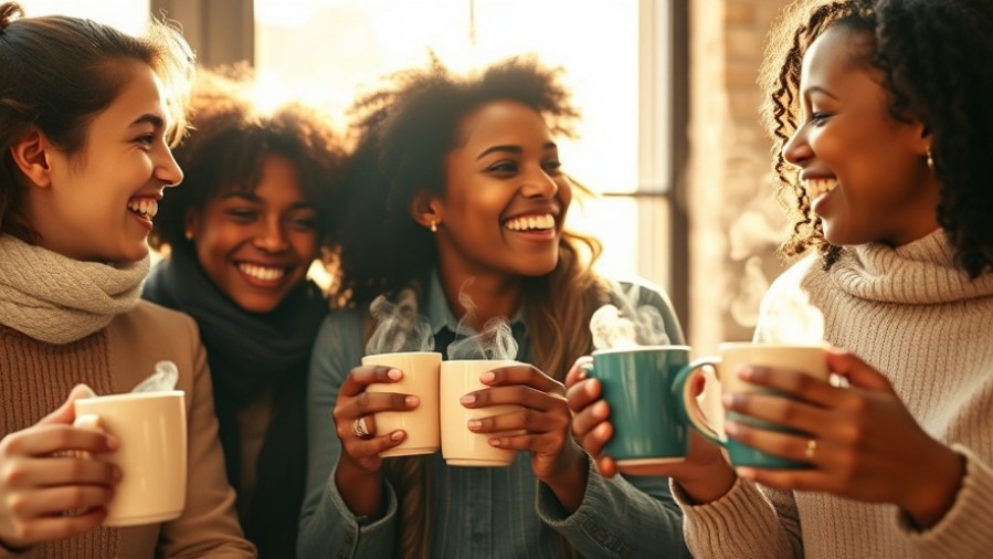Diverse friends enjoy hot coffee and tea, discussing health risks and benefits.