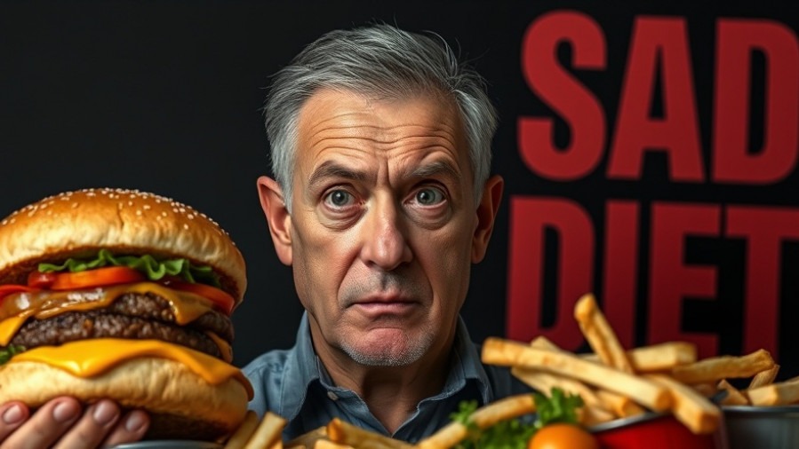 Concerned man reflects on food addiction amid unhealthy choices; highlights whole foods importance.