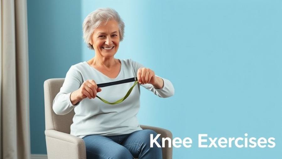 Smiling older woman performing knee pain relief exercises with a resistance band for strength training.