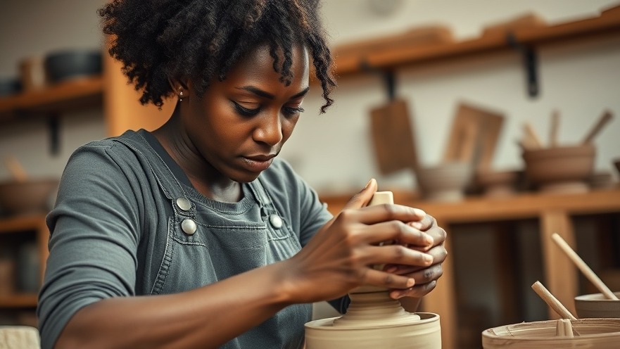 Focused Black woman shaping clay in a pottery studio, embracing hobbies for stress relief.