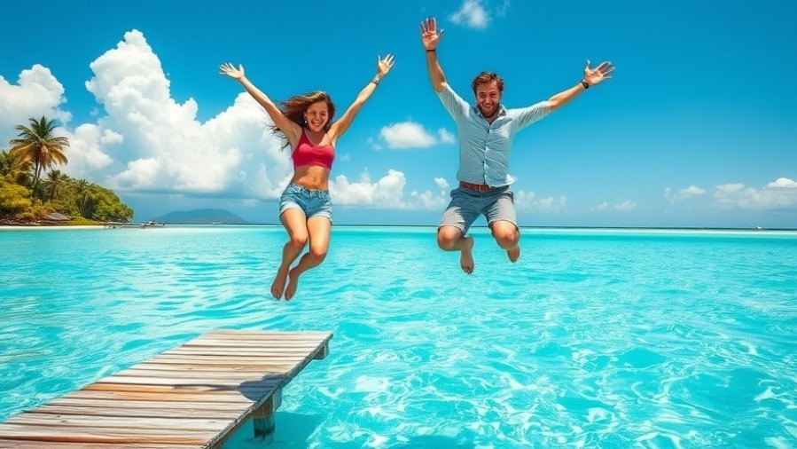 Joyful couple enjoying budget-friendly travel, jumping into turquoise water.