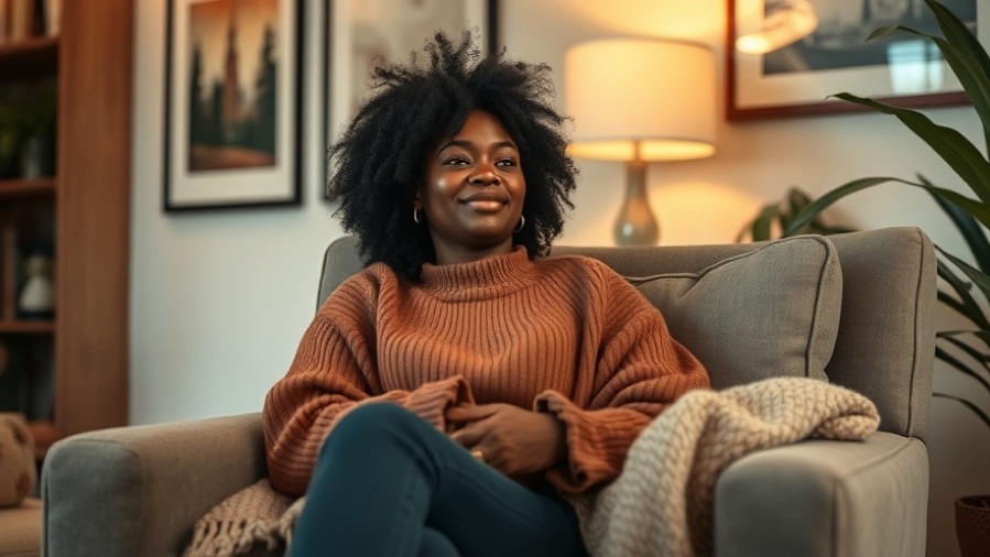 Cozy Black woman practicing self-care and mental health in a warm living room.