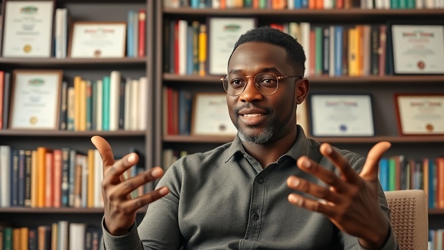 Confident Black presenter sharing nutrition tips for gut health in a cozy study.