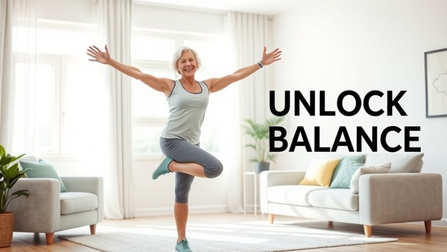 Senior practicing balance exercises for seniors, smiling confidently on one leg.