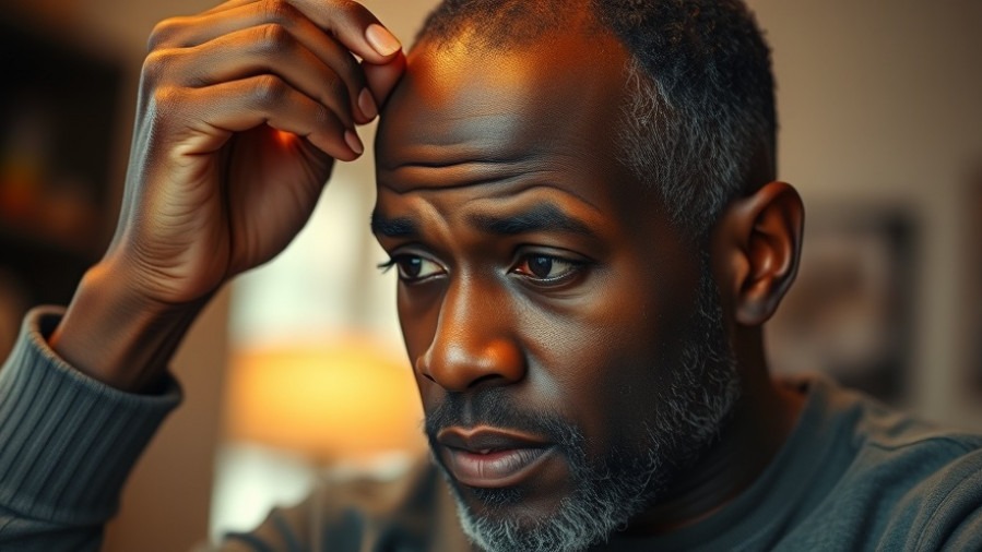 Black man in indoor setting examining hair loss, highlighting hormonal imbalances and nutrient deficiencies.