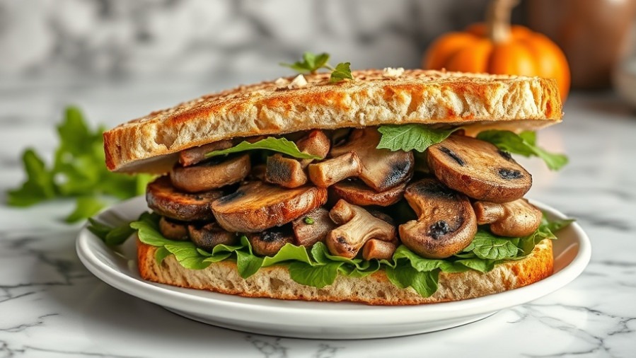 Plant-based autumn healthy meals sandwich with mushrooms on marble countertop.