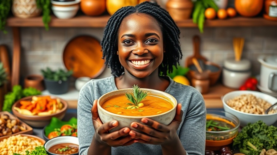 Smiling Black woman with seasonal produce soup, promoting Community Supported Agriculture.