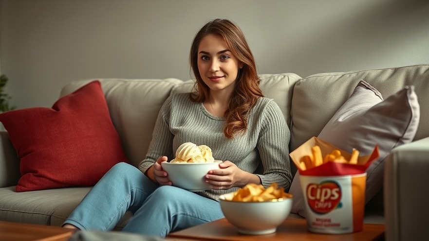 Woman enjoying ice cream and chips, reflecting hormonal changes and emotional well-being.